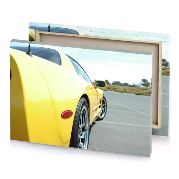 a yellow sports car parked in parking lot khaki canvas - Image 4