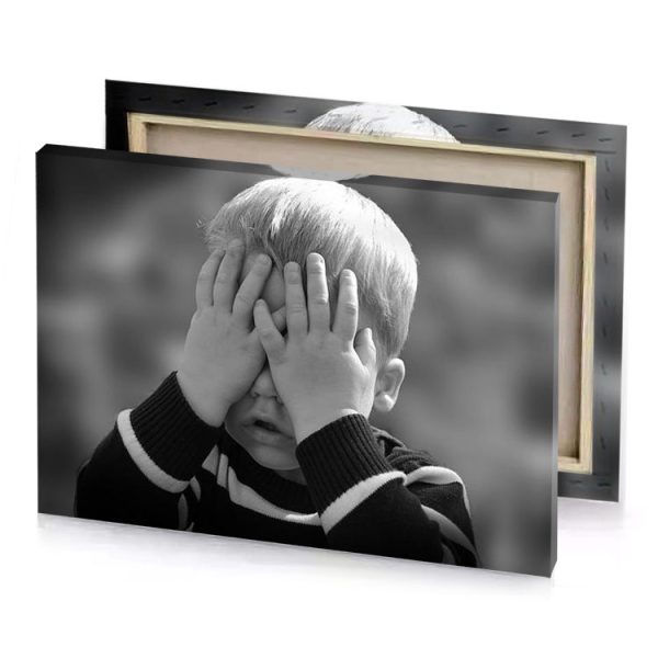 a young boy covers his face with hands gray canvas - Image 4