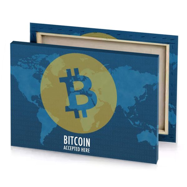 bitcoin logo over a world map camouflage green canvas - Image 4