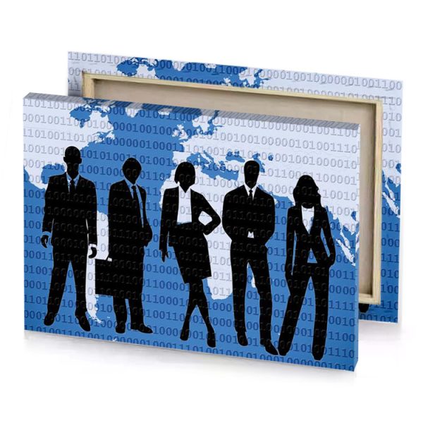 silhouettes of business people standing in front a world map steel blue canvas - Image 4