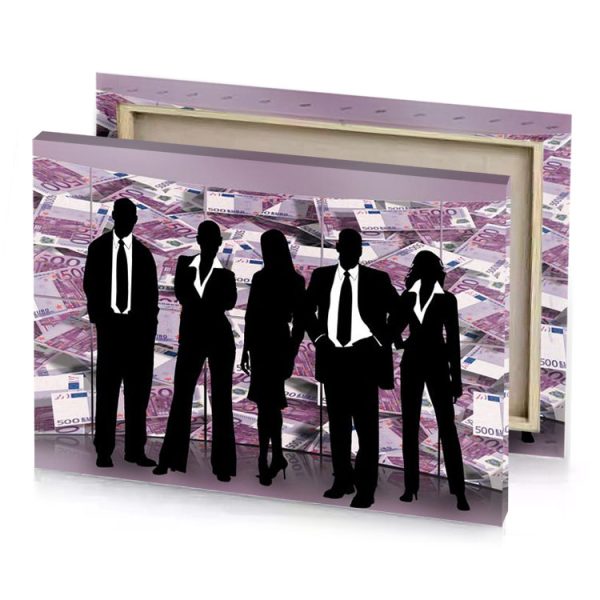 silhouettes of three people standing in front a pile money smoky black canvas - Image 4
