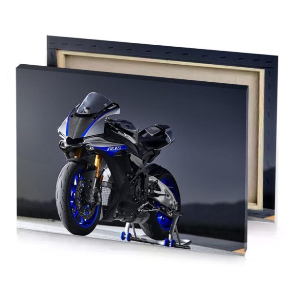 the yamaha r1 is shown in a dark background smoky black canvas - Image 4