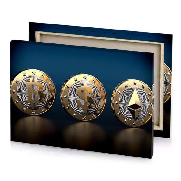 three gold coins with a dollar symbol on them prussian blue canvas - Image 4