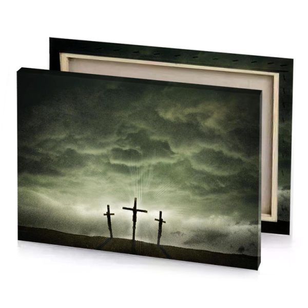 two crosses on a hill under cloudy sky camouflage green canvas - Image 4