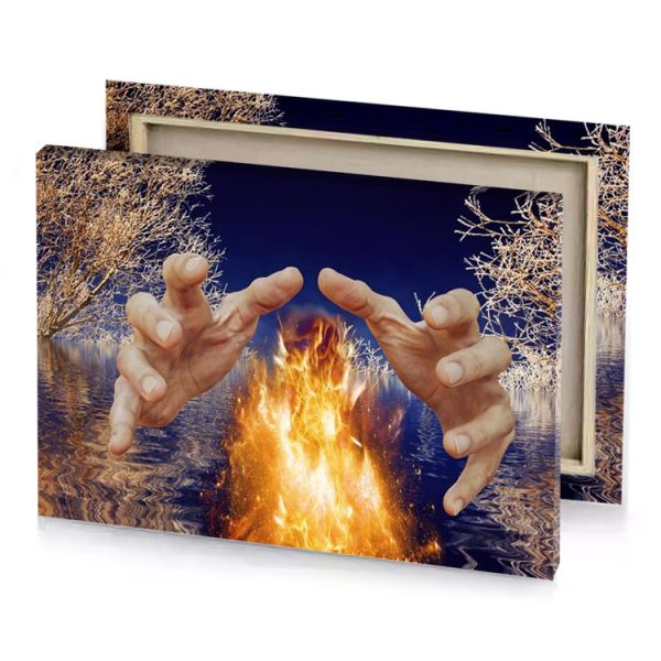 two hands are holding a fire in the water sand brown canvas - Image 4