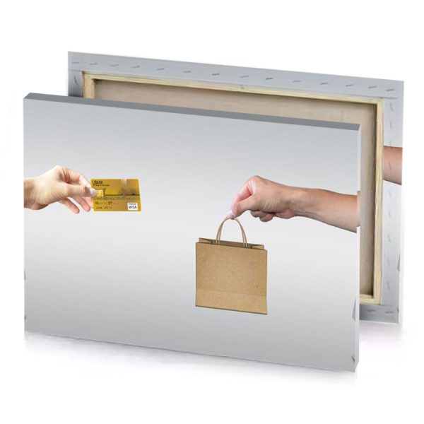 two hands holding a credit card and computer screen dark khaki canvas - Image 4