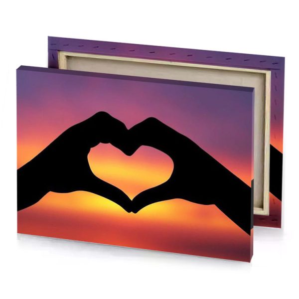 two hands making a heart shape with the sun setting yellow orange canvas - Image 4