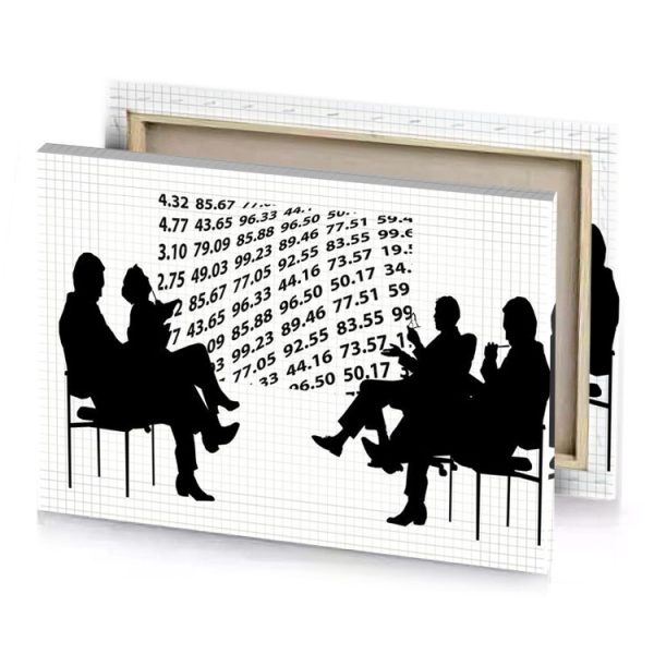 two people sitting on chairs with numbers them white smoke canvas - Image 4