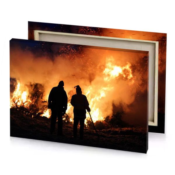 two people standing in front of a fire bronze canvas - Image 4