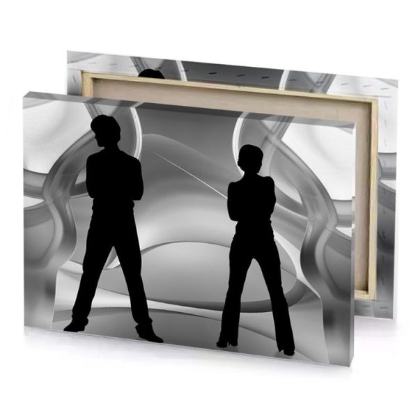 two people standing in front of a large glass object black canvas - Image 4