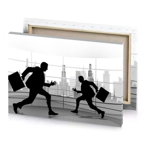 two people walking in an office with cityscapes black canvas - Image 4