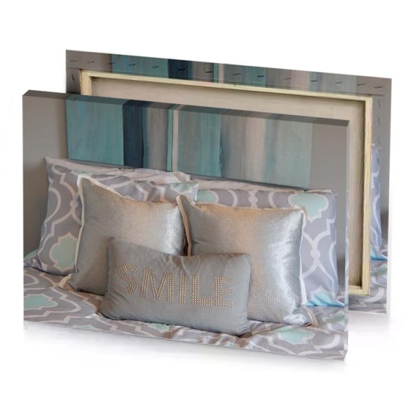 two pillows on a bed with painting the wall camouflage green canvas - Image 4