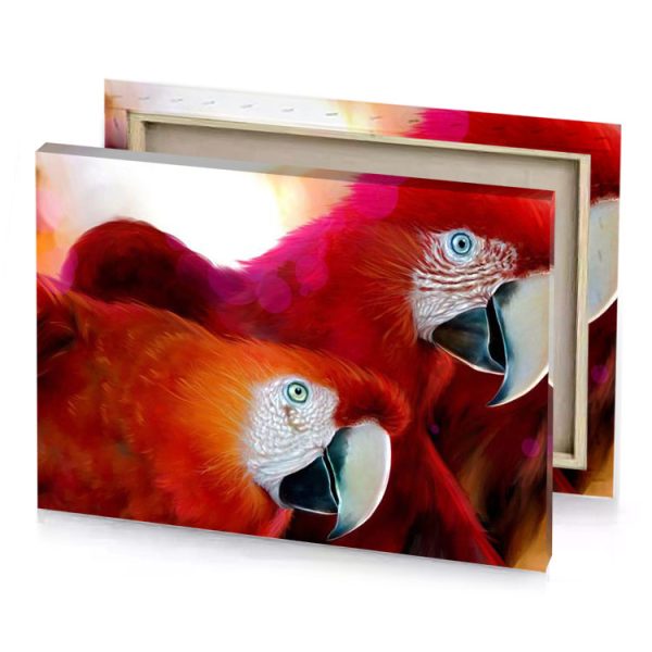 two red parrots are standing next to each other birds firebrick canvas - Image 4
