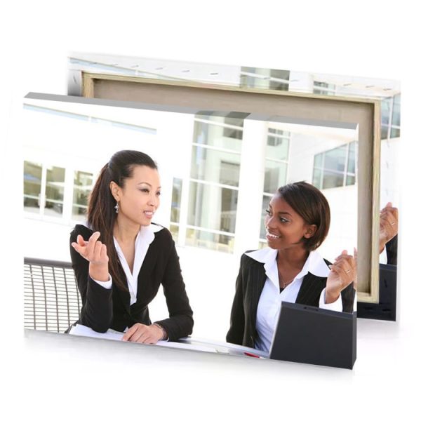 two women sitting at a table with laptops white smoke canvas - Image 4