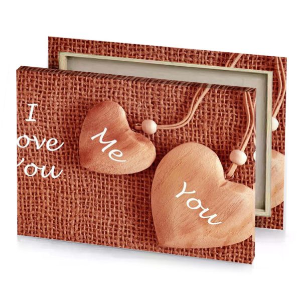 two wooden hearts with the words i love you maroon canvas - Image 4