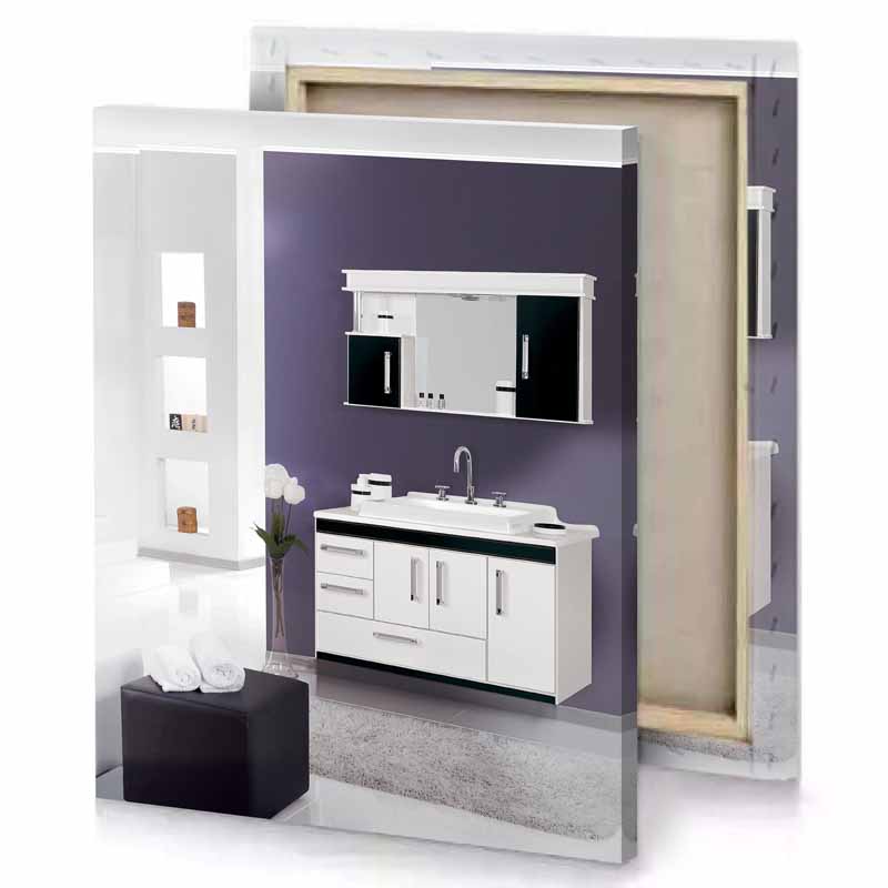 a bathroom with white sink and mirror dim gray canvas