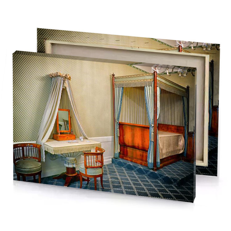 a bed with canopy tan canvas