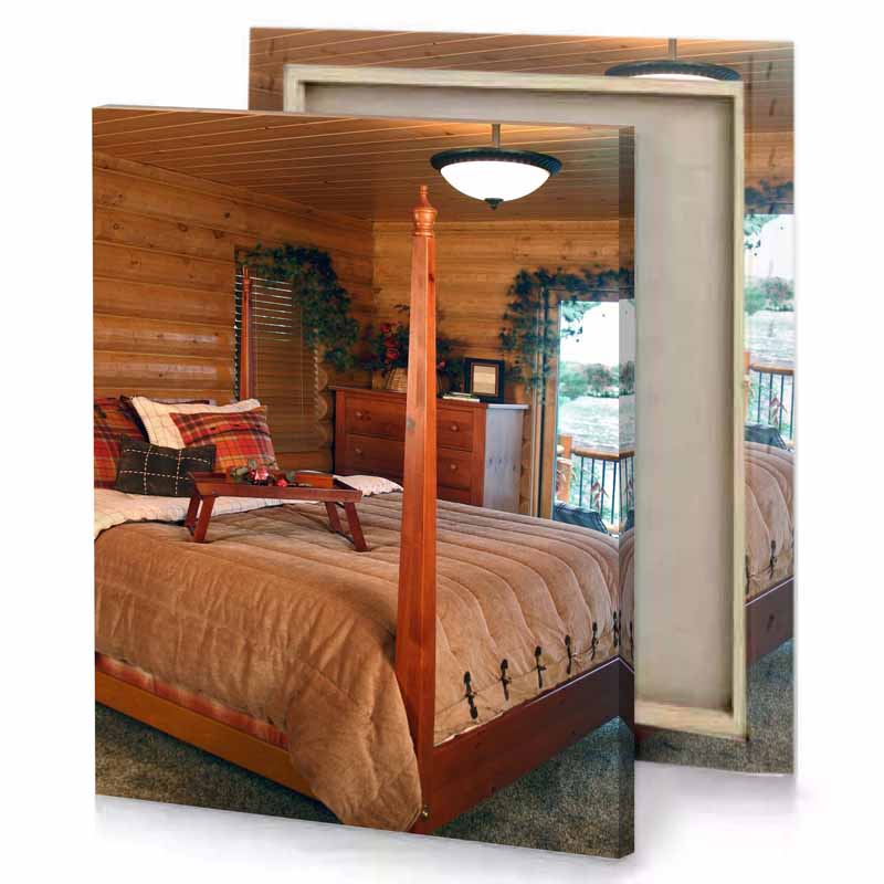 a bed with wooden frame saddle brown canvas