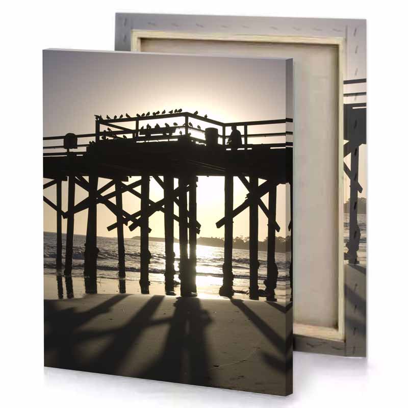 a bird is sitting on wooden pier antique white canvas