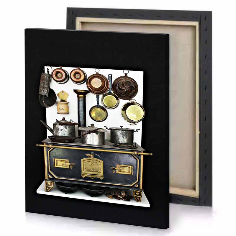 a black and gold stove white smoke canvas
