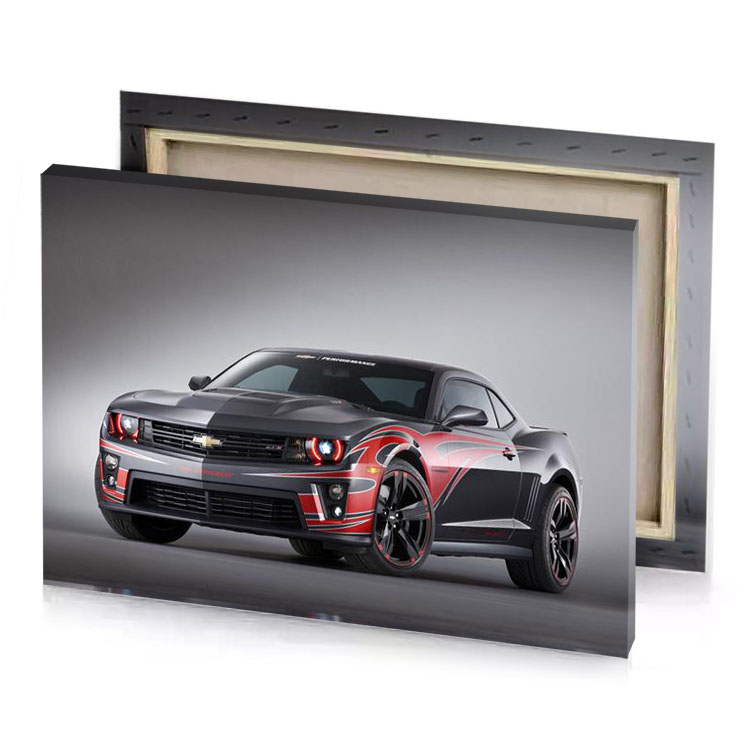 a black and red car with white stripe smoky canvas