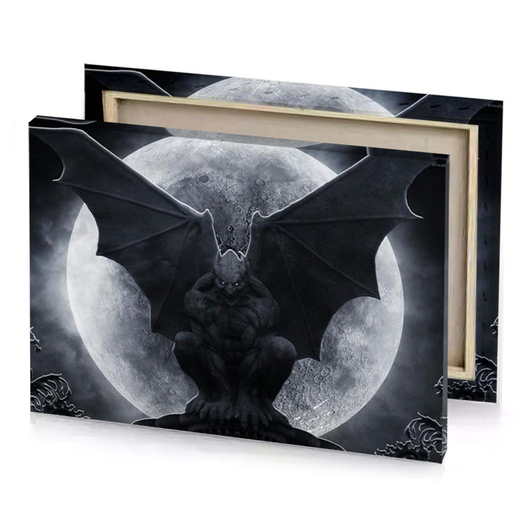 a black bat on cemetery with the moon in background gray canvas
