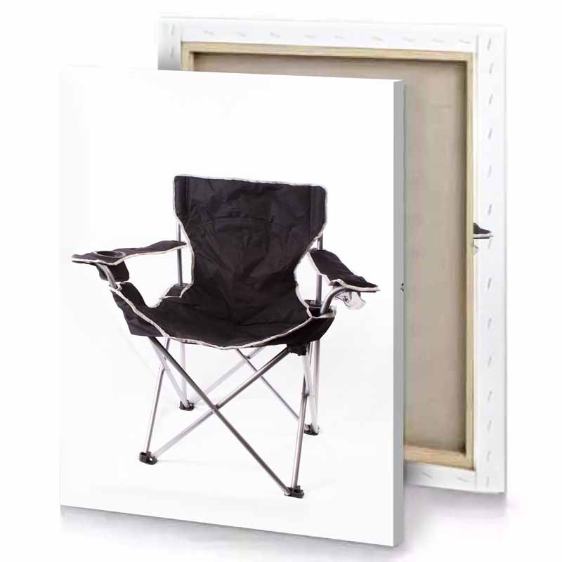 a black folding chair with white background bistre canvas