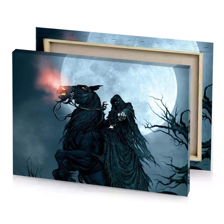 a black horse with red light on its head smoky canvas