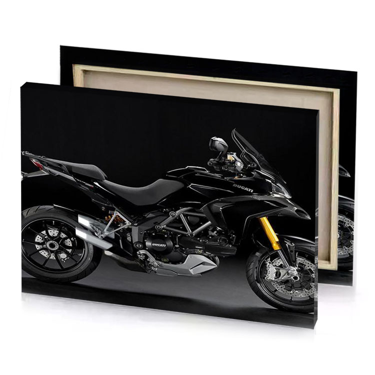a black motorcycle is parked in dark room smoky canvas