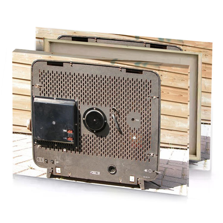 a black speaker on wooden wall bistre canvas