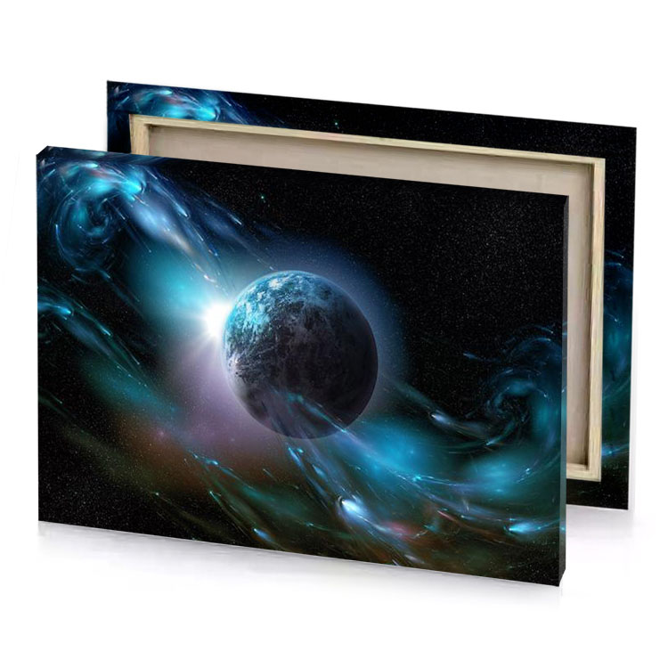a blue and black nebula with planet in the background charcoal canvas