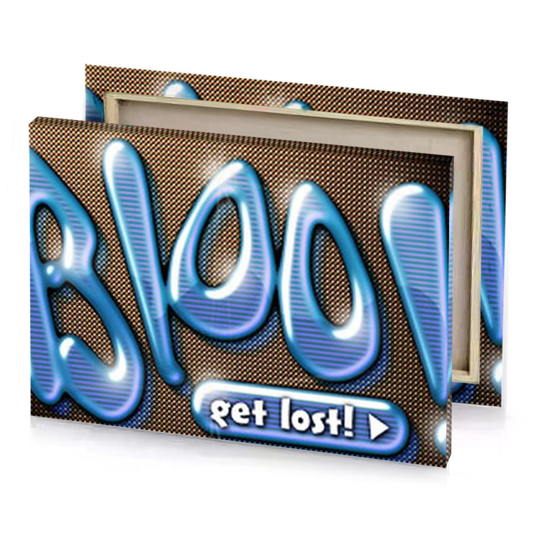 a blue and white text that reads blo steel canvas