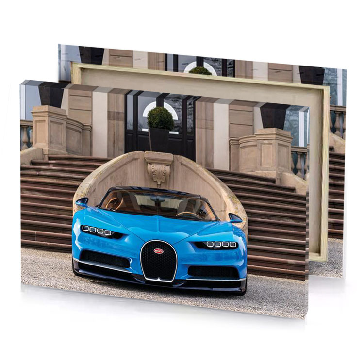 a blue bugatt is parked in front of house tiffany canvas