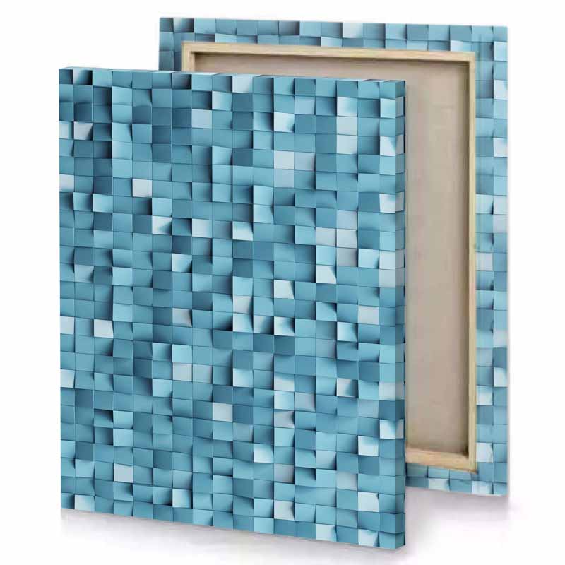 a blue wall with many squares of different sizes canvas