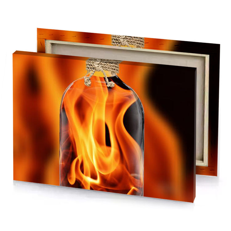a bottle of fire in front carrot orange canvas