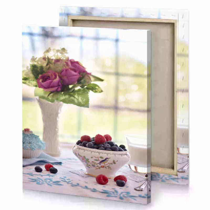 a bowl of berries and cup milk eggshell canvas