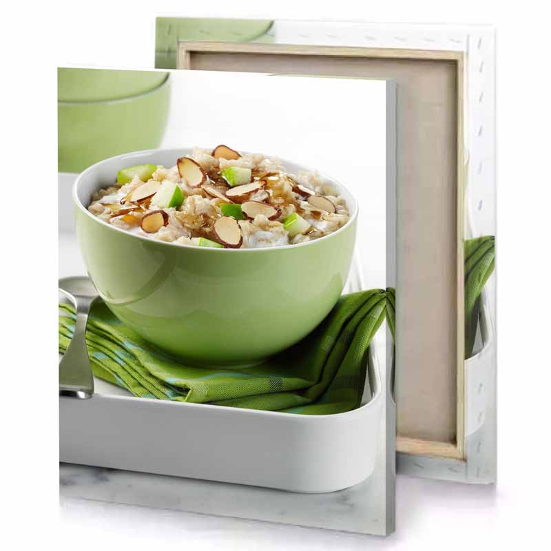 a bowl of oats with nuts and green napkin olive drab canvas