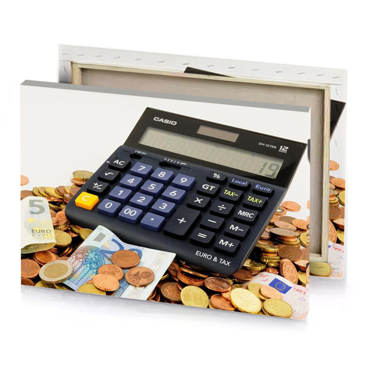 a calculaer with lot of coins and slate gray canvas