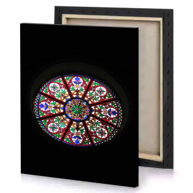 a circular stained glass window in dark room firebrick canvas