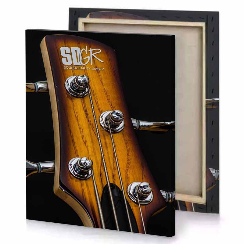 a close up of guitar neck dark golden rod canvas