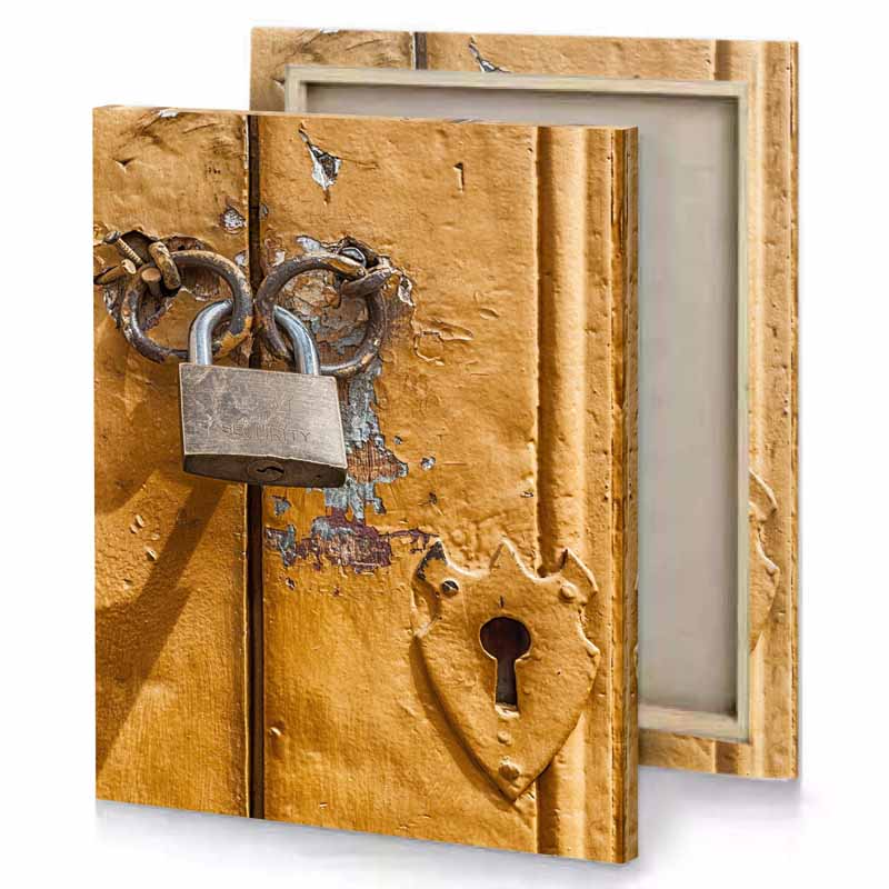 a close up of lock on wooden door peru canvas