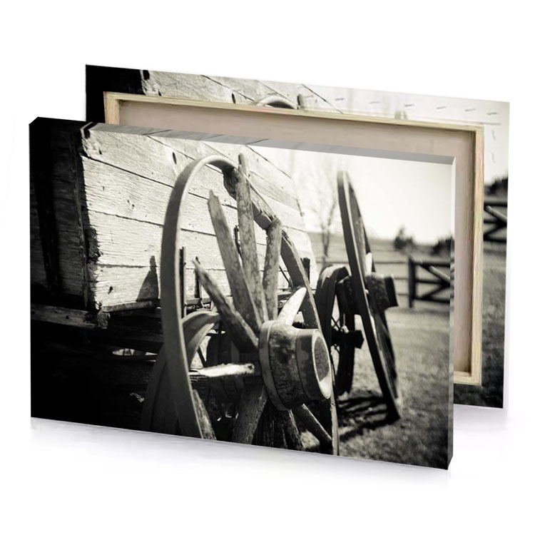 a close up of wooden fence with wheel platinum canvas