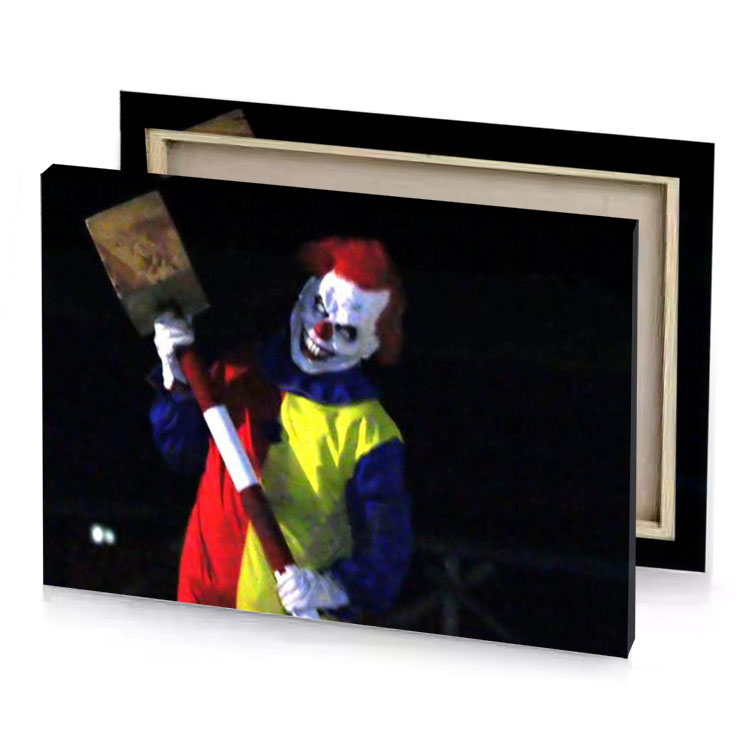 a clown holding sign in the dark lemon canvas