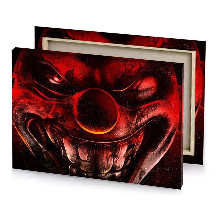 a clown with red face and black background burgundy canvas