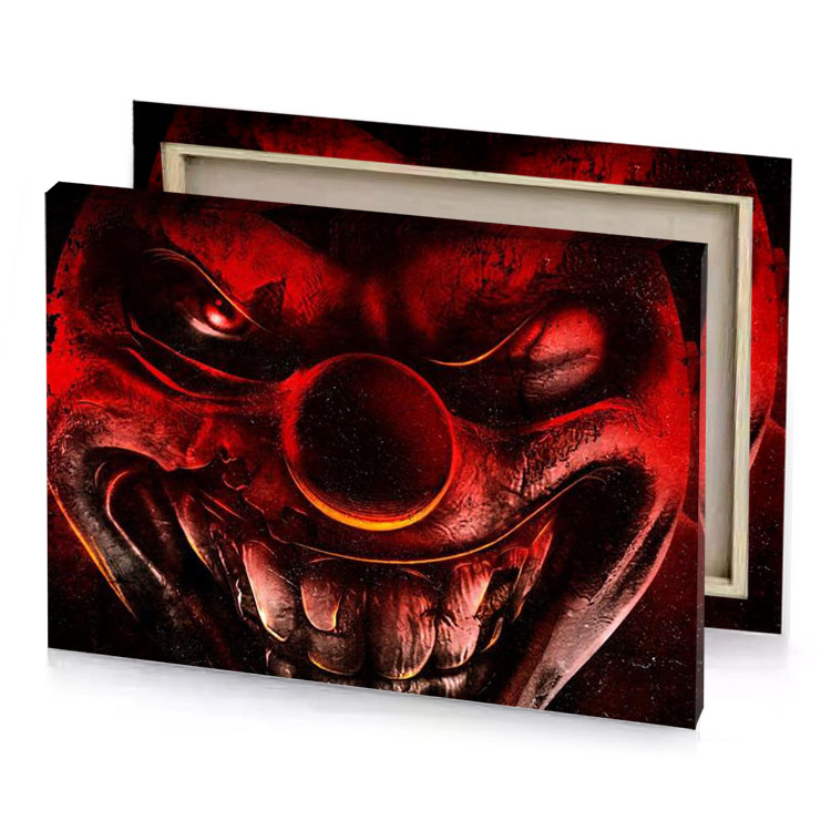 a clown with red face and black background maroon canvas
