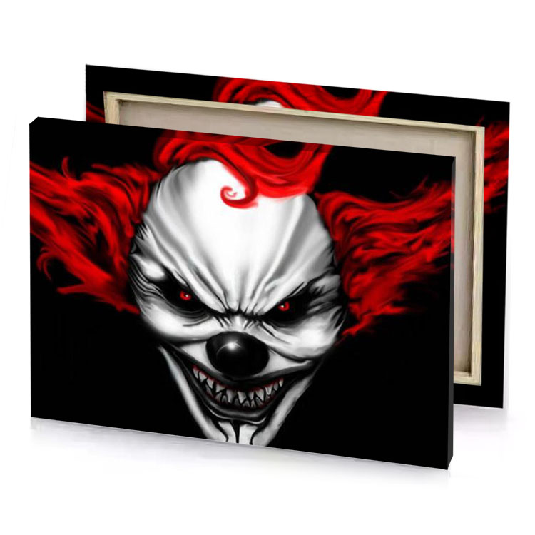 a clown with red hair and white face smoke canvas