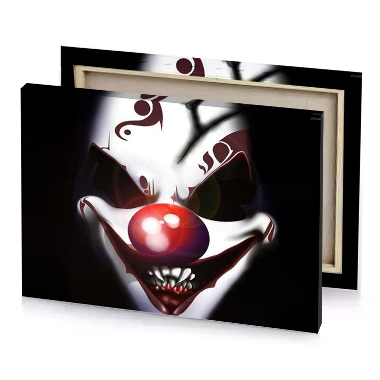 a clown with red nose and white face brown canvas