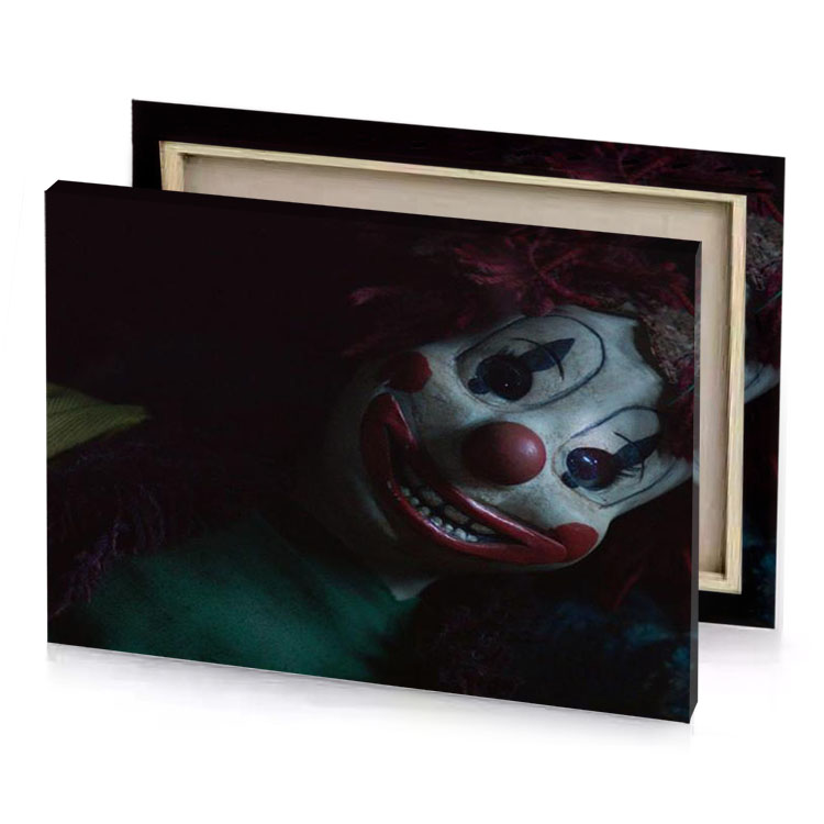 a clown with red wig and green shirt slate gray canvas