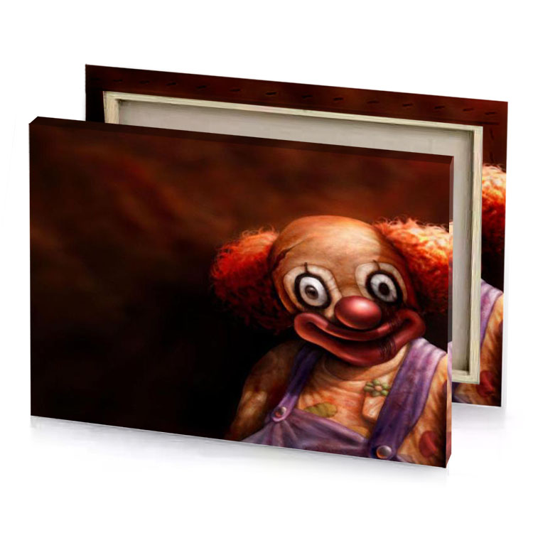 a clown with red wig and purple shirt smoky black canvas