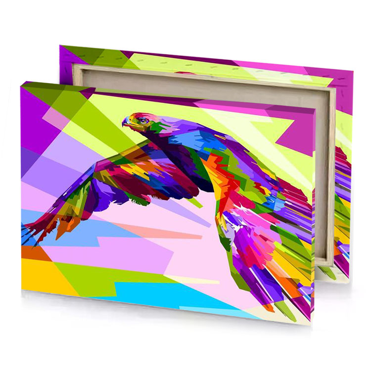 a colorful bird flying in the air mauve canvas